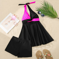 Women's Black and Pink Color Block Halter Dress 2 PC Tankini Set - KaleaBoutique.com
