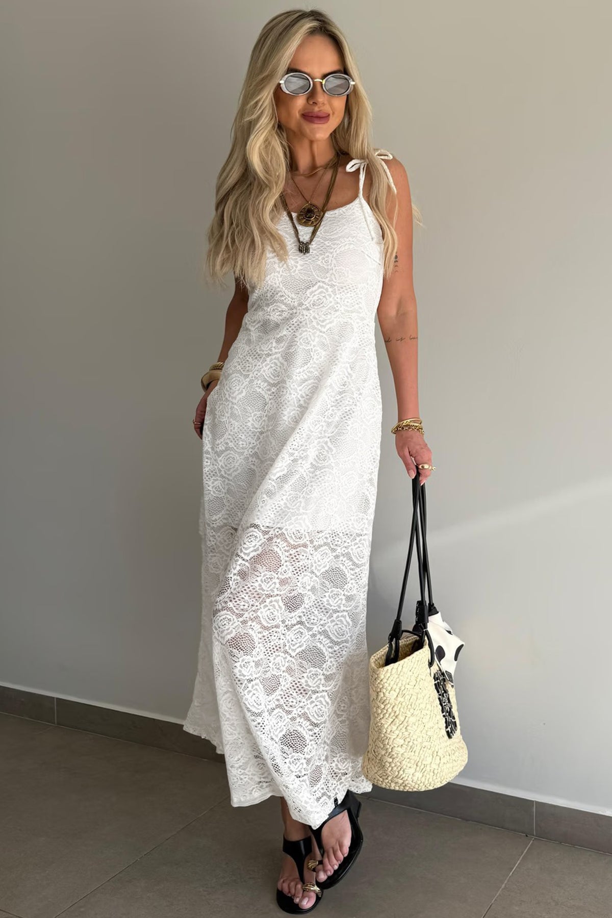 KaleaBoutique Stylish Tie Spaghetti Straps Floral Lace Overlay Long Dress - KaleaBoutique.com