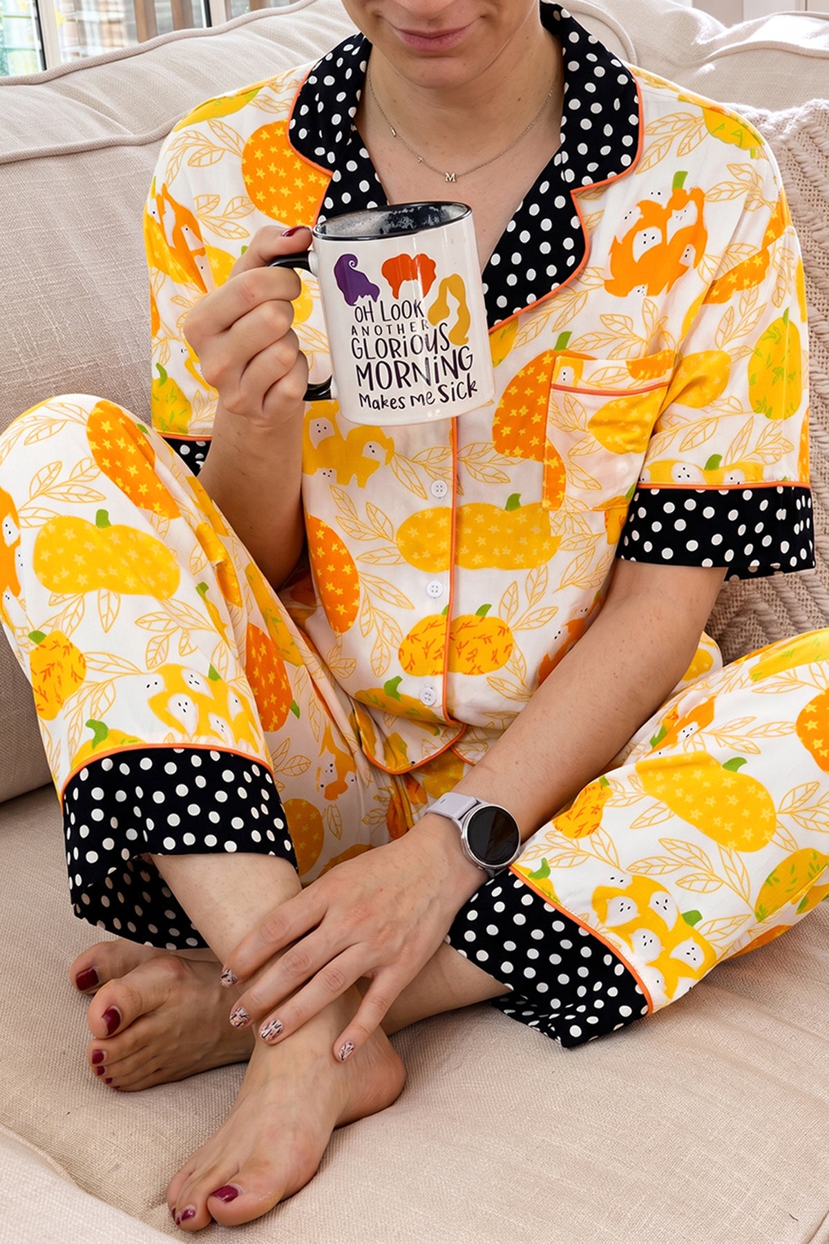 KaleaBoutique Stylish Short Sleeve Pumpkin Print Polka Dot Trim Pocket Pocket Placket Home Wear Lounge Set - KaleaBoutique.com