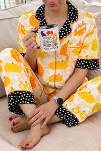 KaleaBoutique Stylish Short Sleeve Pumpkin Print Polka Dot Trim Pocket Pocket Placket Home Wear Lounge Set - KaleaBoutique.com