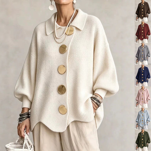 Women's Collared Oversized Gold Tone Button-Front Cardigan - KaleaBoutique.com
