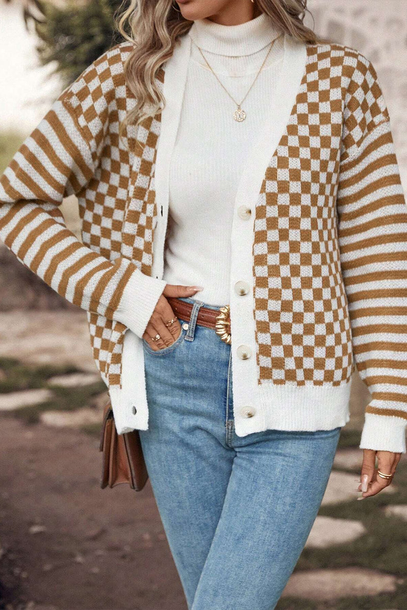 Checkered Striped Patched Buttoned V Neck Cardigan - KaleaBoutique.com