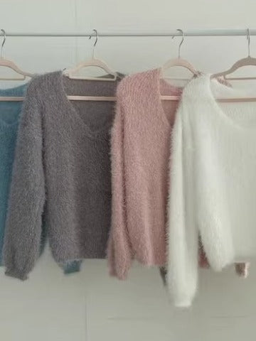 Women's Fuzzy V-Neck Long-Sleeve Pullover Sweater - KaleaBoutique.com