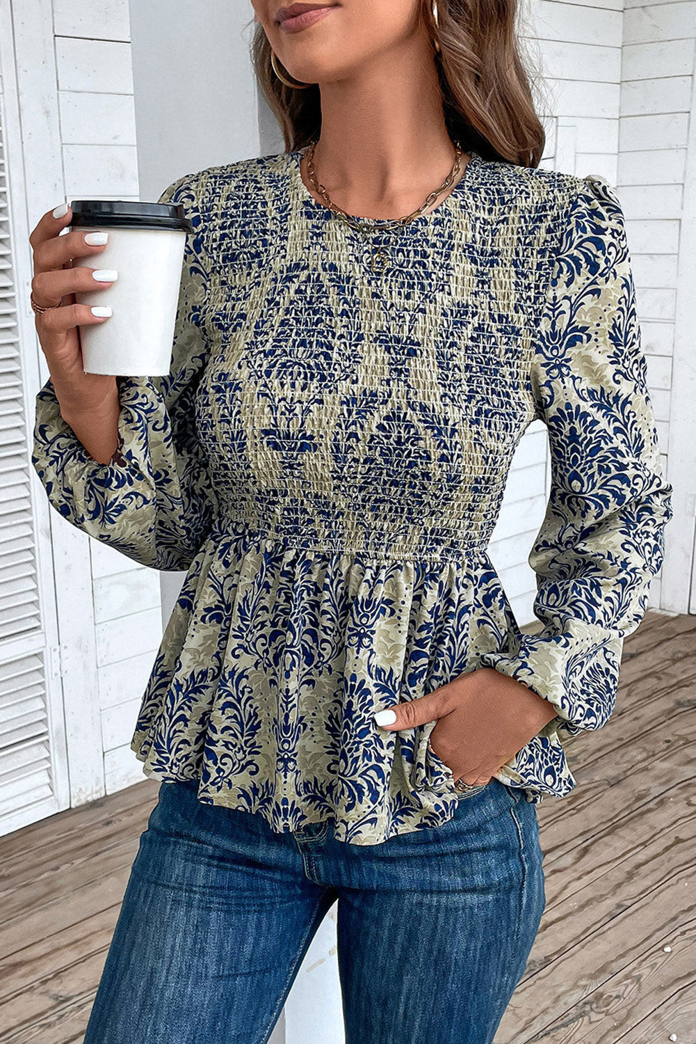 KaleaBoutique Boho Printed Balloon Sleeve Smocked Peplum Blouse - KaleaBoutique.com