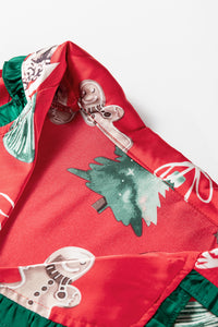 KaleaBoutique Comfortable Christmas Fashion Print Contrast Ruffle Trim Ribbon Bow Knot 2pcs Pajama Set - KaleaBoutique.com