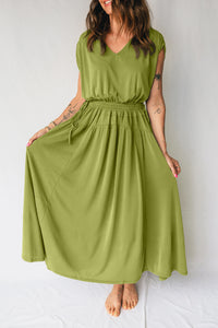 KaleaBoutique Comfortable Solid V Neck Cap Sleeve Tunic Elastic Waist Versatile Maxi Dress - KaleaBoutique.com