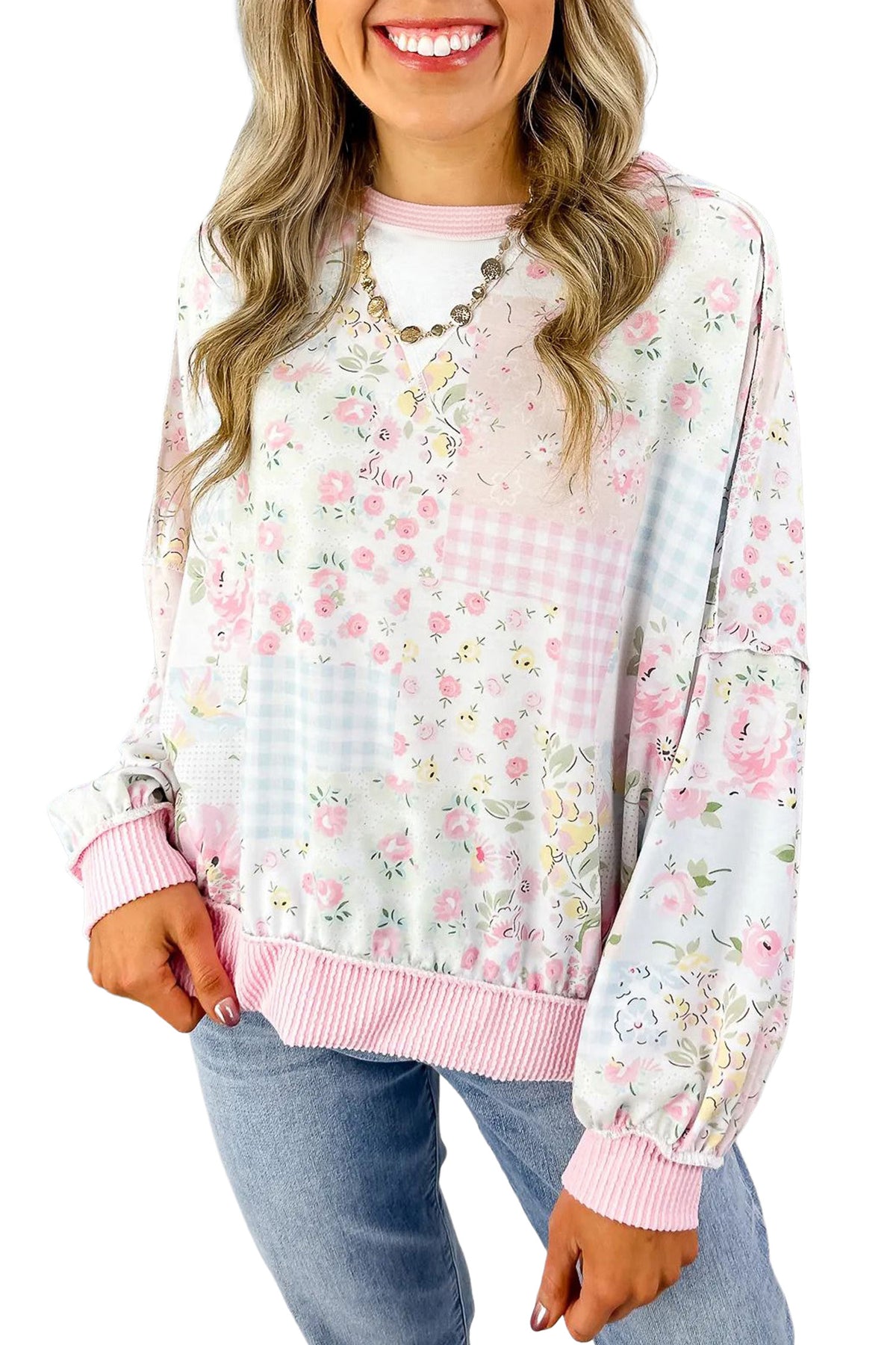 KaleaBoutique Stylish Twisted Ribbed Trim Floral Print Patchwork Long Sleeve Top - KaleaBoutique.com