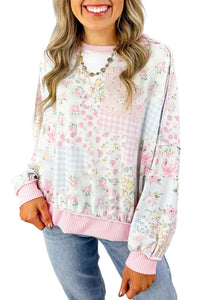 KaleaBoutique Stylish Twisted Ribbed Trim Floral Print Patchwork Long Sleeve Top - KaleaBoutique.com