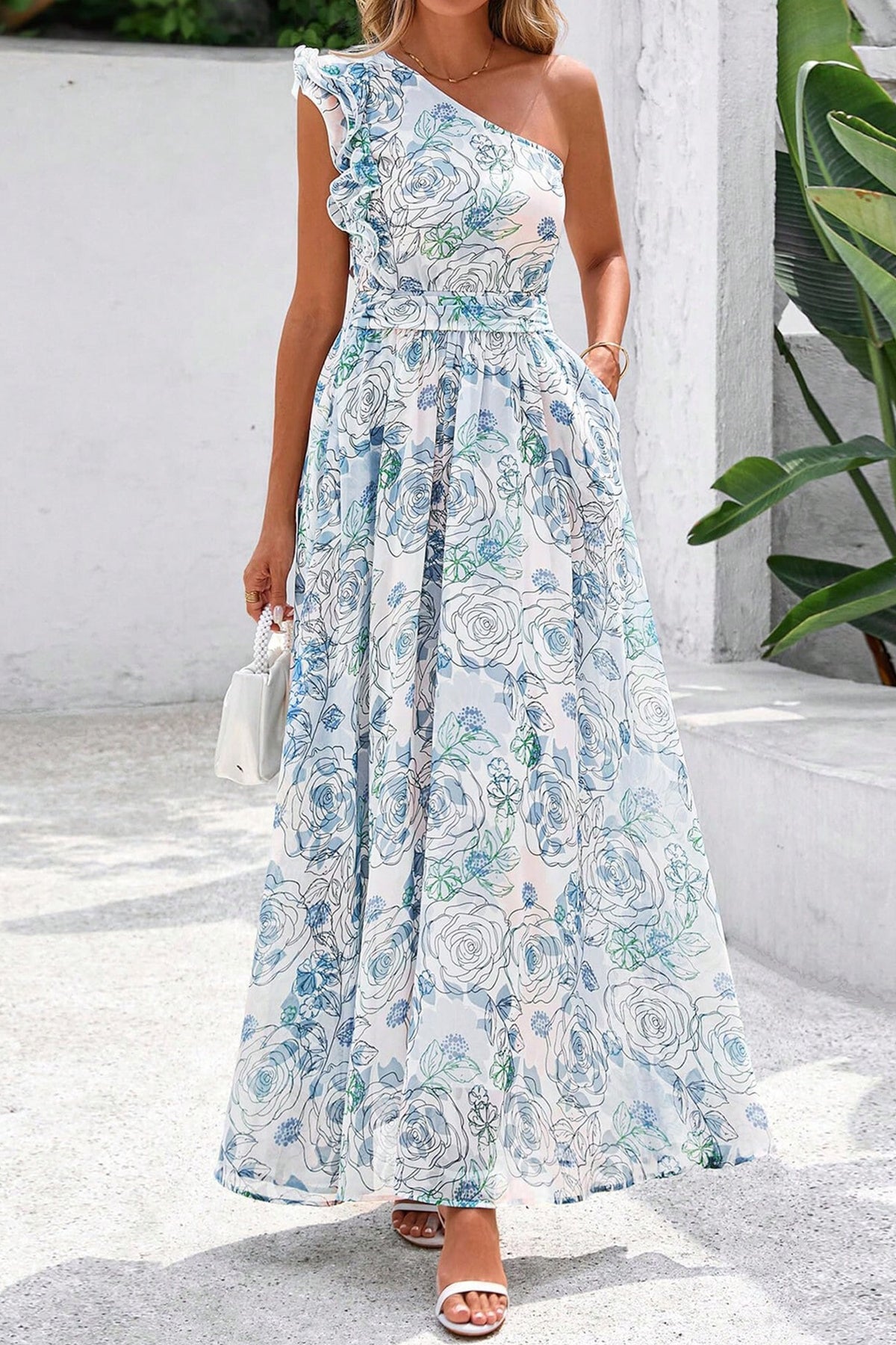 KaleaBoutique Stylish Floral Print Ruffled One Shoulder Vacation Maxi Dress - KaleaBoutique.com