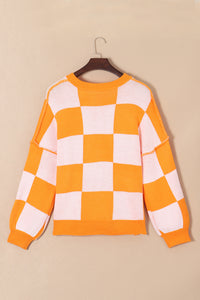 KaleaBoutique Sequined Halloween Pumpkin Checkered Pattern Puff Sleeve Sweater - KaleaBoutique.com