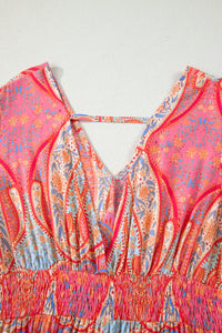 KaleaBoutique Comfortable Paisley Print V-Neck Short Sleeve Boho Maxi Dress with Ruffle Details - KaleaBoutique.com