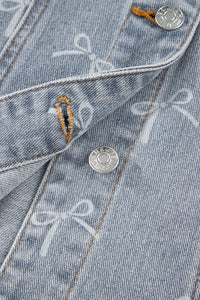 Bow Knot Print Light Wash Raw Hem Denim Jacket - KaleaBoutique.com