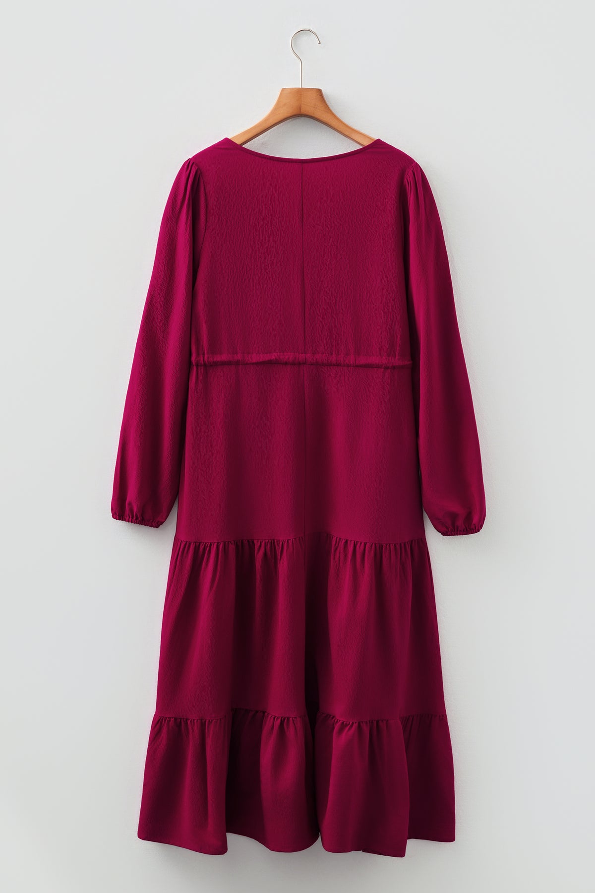 Solid Long Sleeve Button V Neck Tiered Maxi Dress - KaleaBoutique.com