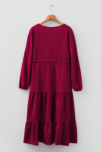 Solid Long Sleeve Button V Neck Tiered Maxi Dress - KaleaBoutique.com