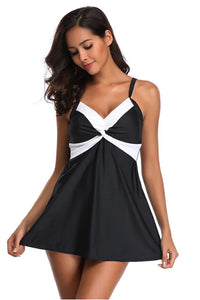 Women's Black and White Twist-Front Swim Dress Tank and Trunks 2 PC Set - KaleaBoutique.com
