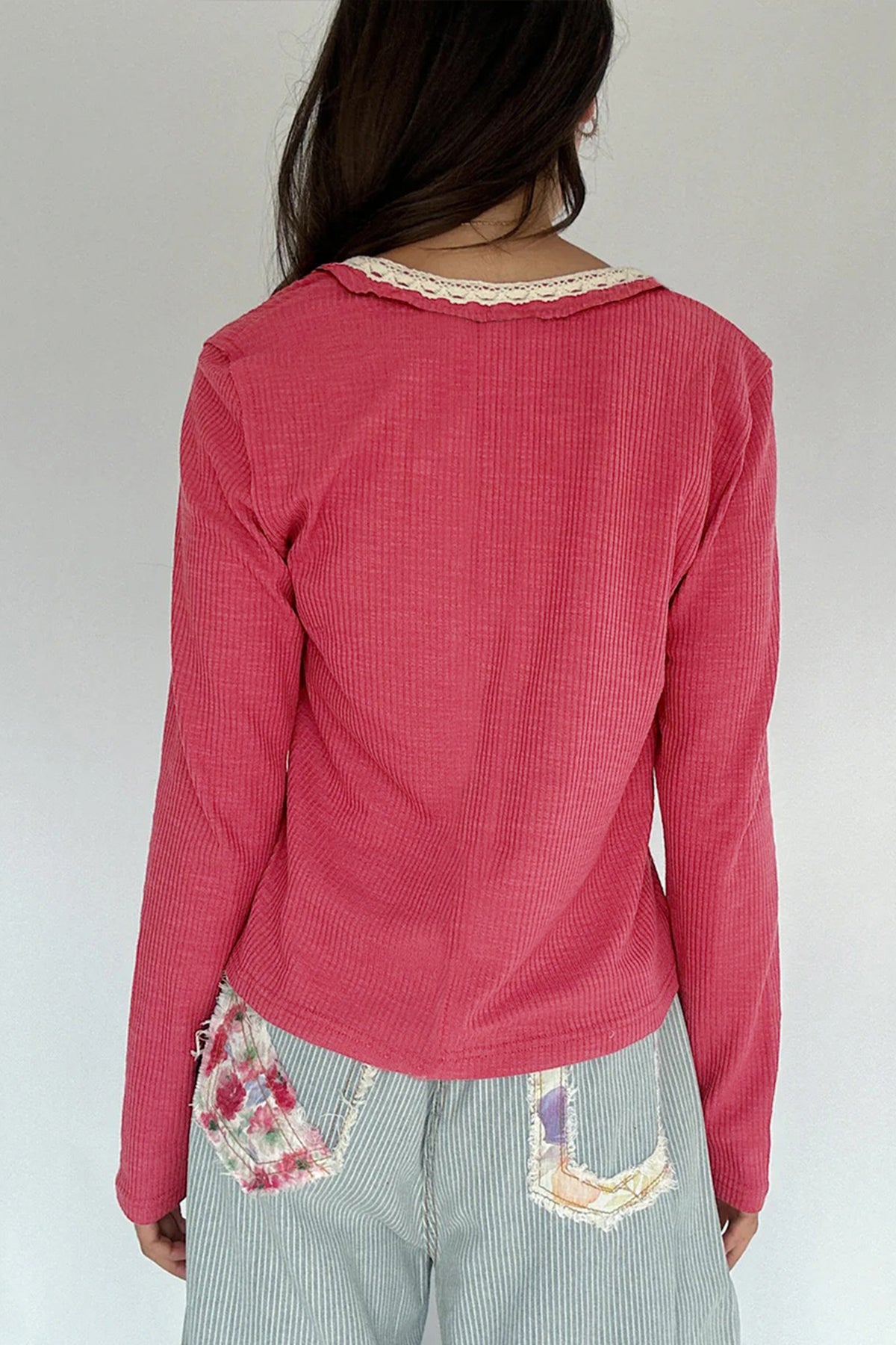 Ribbed Texture Contrasted Lace Trim Button V Neck Long Sleeve Top - KaleaBoutique.com