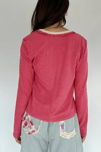 Ribbed Texture Contrasted Lace Trim Button V Neck Long Sleeve Top - KaleaBoutique.com