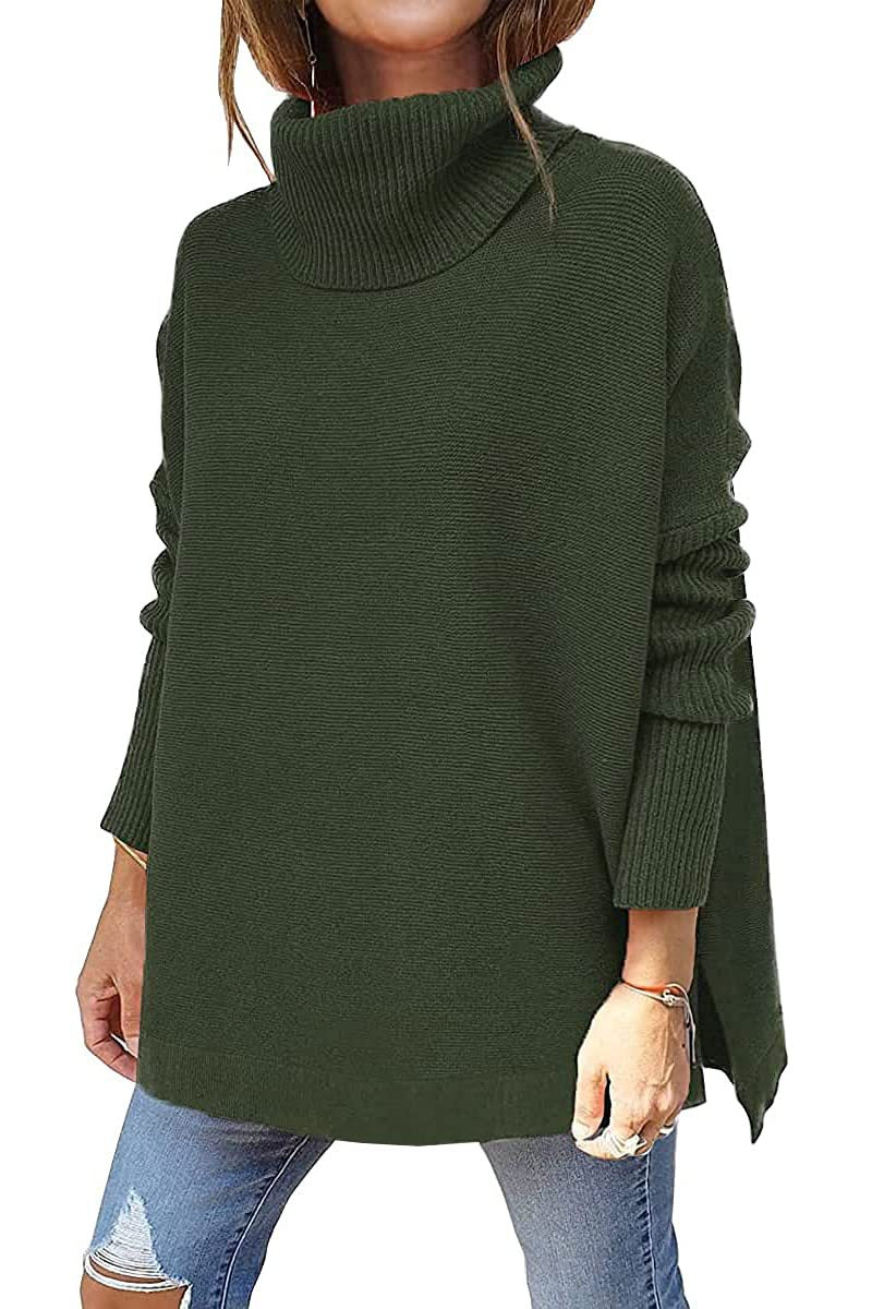 Turtleneck Sweater Mid Length Batwing Sleeve Slit Hem Tunic Pullover Sweaters Winter Tops Women Clothing - KaleaBoutique.com