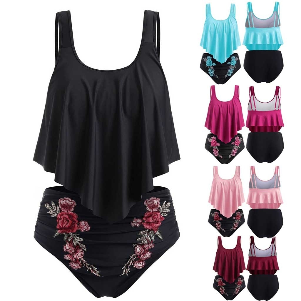 Women's Flounce Top and Floral High-Waisted 2 PC Bikini Set - KaleaBoutique.com