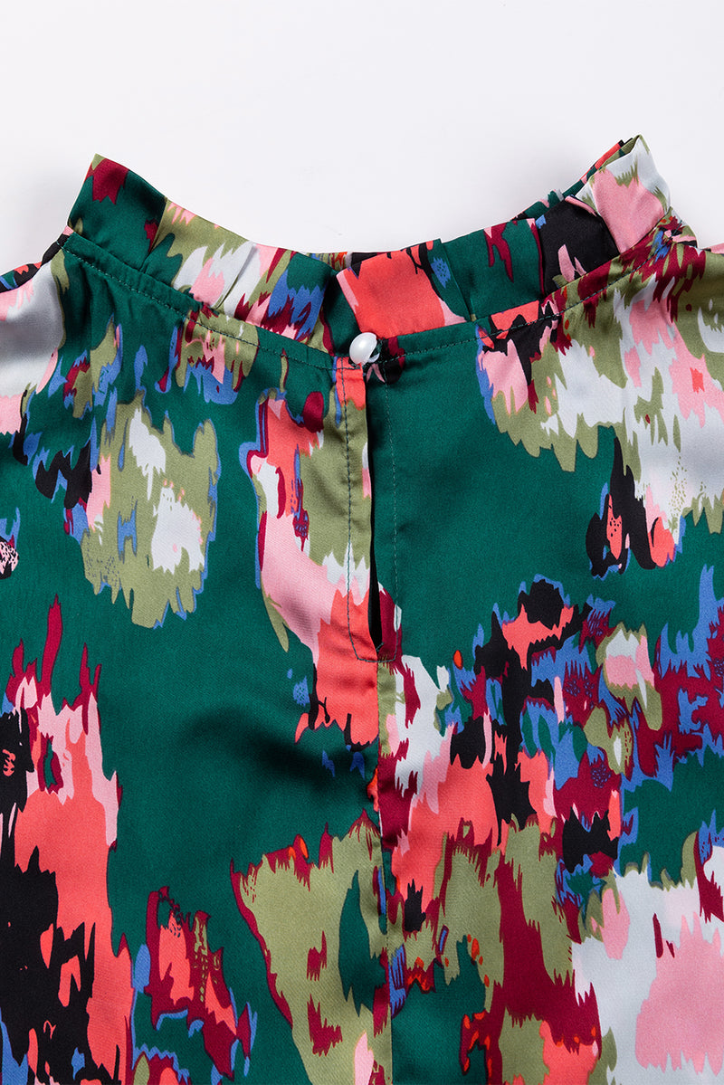 KaleaBoutique Abstract Print Smocked Cuffs Frilled Neck Blouse - KaleaBoutique.com