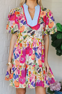 KaleaBoutique Stylish Bright Floral Print Ricrac Trim Striped Patchwork V Neck Dress - KaleaBoutique.com