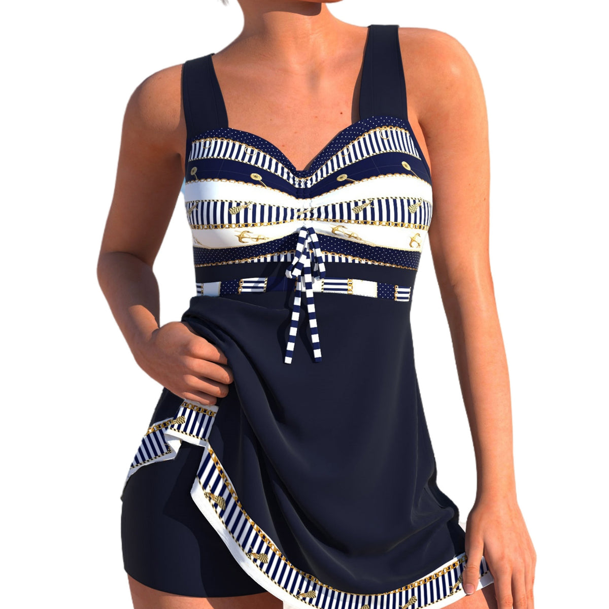 Women's Nautical Stripe Swim Dress and Shorts 2 PC Tankini Set - KaleaBoutique.com
