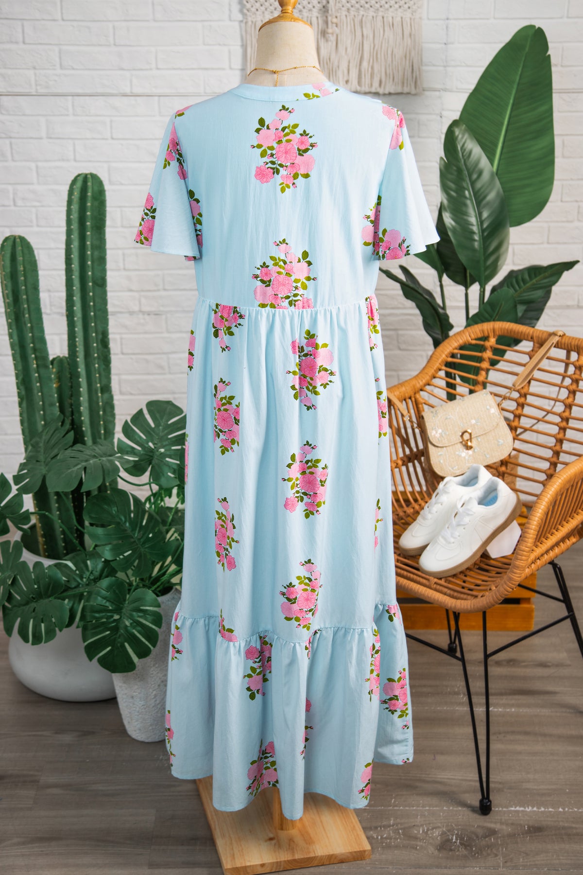 KaleaBoutique Comfortable Notched Neck Flutter Short Sleeve Floral Print Maxi Dress - KaleaBoutique.com