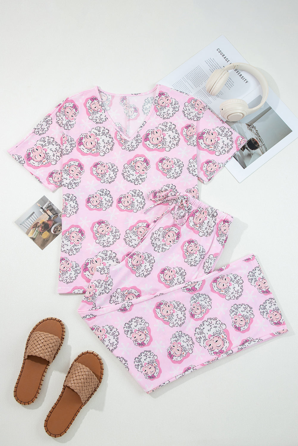 KaleaBoutique Comfortable Santa Claus Print V Neck Tee Drawstring Pants 2pcs Lounge Set - KaleaBoutique.com