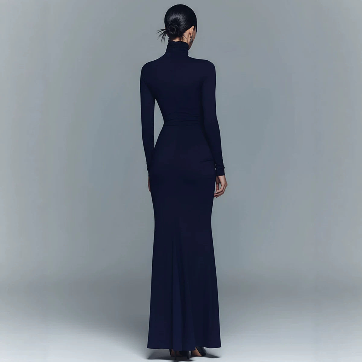 Navy Blue Stretch Turtleneck Draped Long Dress - KaleaBoutique.com