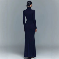 Navy Blue Stretch Turtleneck Draped Long Dress - KaleaBoutique.com