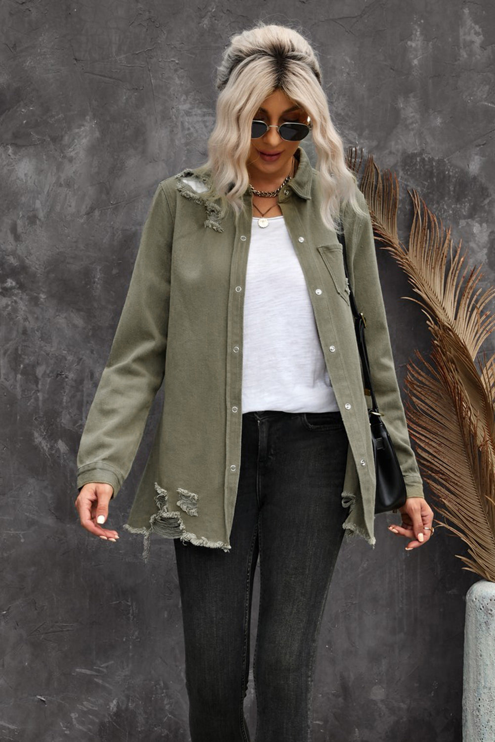 Raw Hem Distressed Denim Shirt Jacket - KaleaBoutique.com