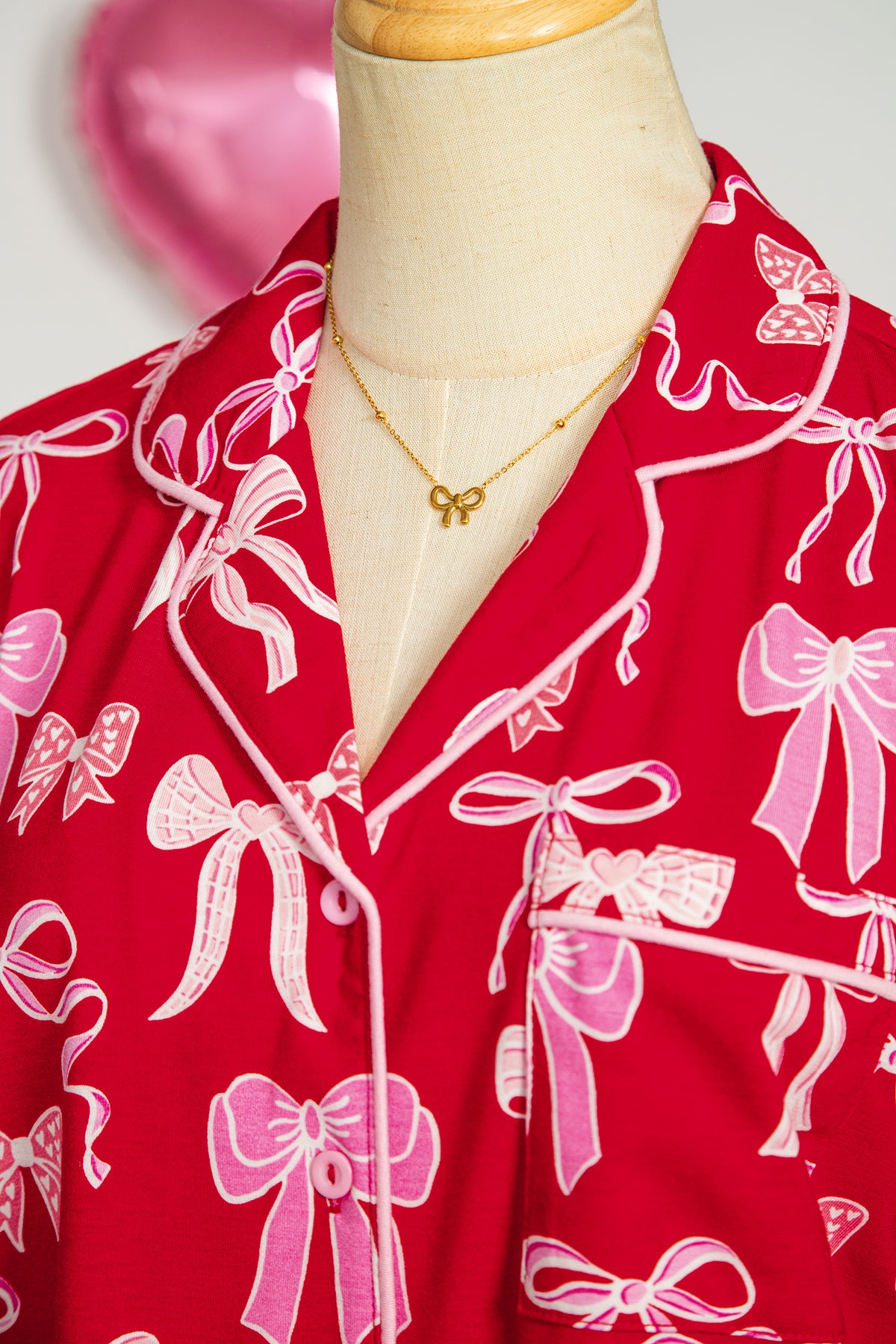 KaleaBoutique Comfortable Sweet Bow Print Shirt Style Top Long 2pcs Pajama Set - KaleaBoutique.com