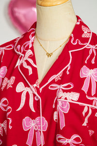 KaleaBoutique Comfortable Sweet Bow Print Shirt Style Top Long 2pcs Pajama Set - KaleaBoutique.com
