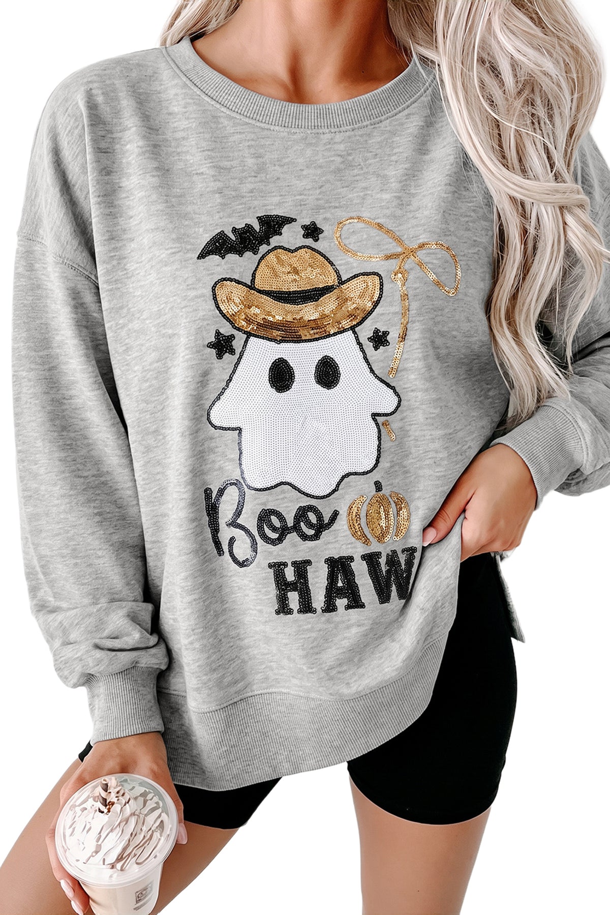 KaleaBoutique Stylish Sequin Western Ghost Print Long Sleeve Round Neck Sweatshirt - KaleaBoutique.com