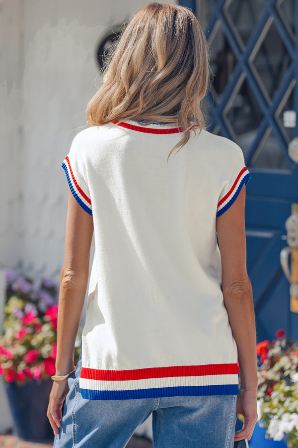 KaleaBoutique Stylish USA Contrast Striped Trim Round Neck Short Sleeve Sweater - KaleaBoutique.com