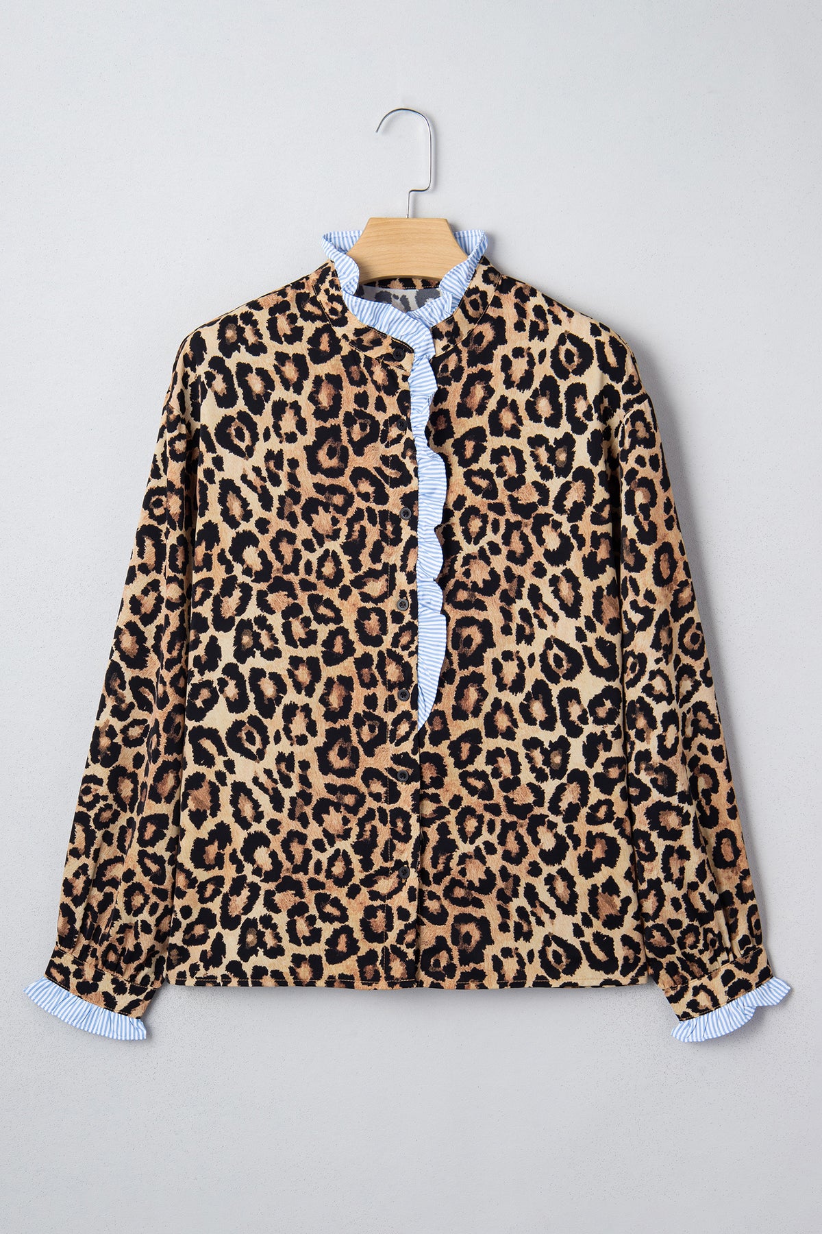 Stylish KaleaBoutique Wild Leopard Print Contrast Striped Frilled Trim Chic Shirt - KaleaBoutique.com