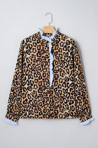Stylish KaleaBoutique Wild Leopard Print Contrast Striped Frilled Trim Chic Shirt - KaleaBoutique.com