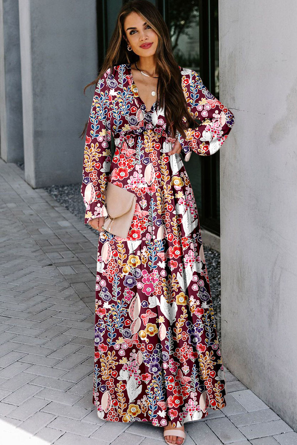 KaleaBoutique V Neck Floral Print Empire Waist Maxi Dress - KaleaBoutique.com