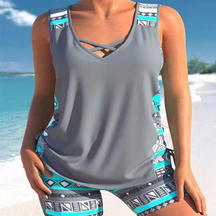 Women's Crisscross V-Neck Swim Top and Shorts 2 PC Tankini Set - KaleaBoutique.com