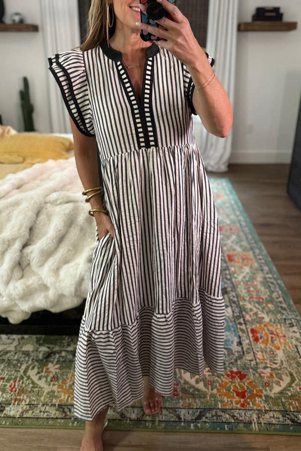 KaleaBoutique Stylish Double Ruffled Short Sleeve Contrast Trim V Neck Midi Dress - KaleaBoutique.com