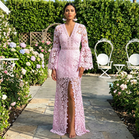 Women's V-Neck Bell-Sleeve Floral Crochet Lace Maxi Dress