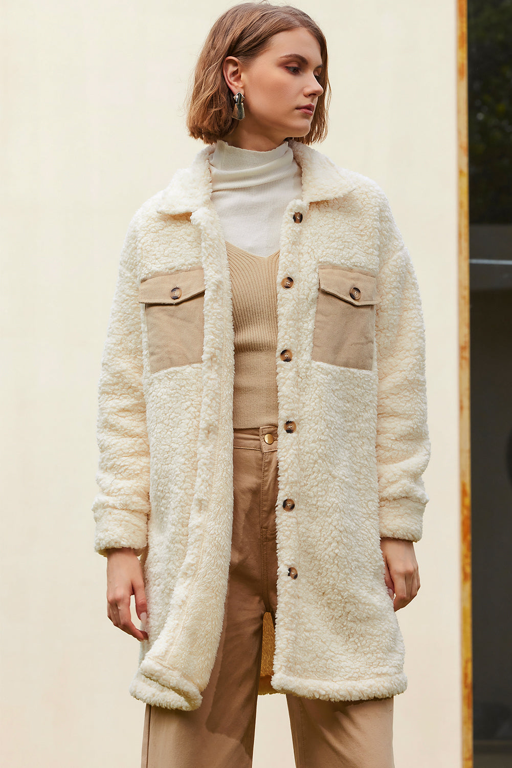 KaleaBoutique Stylish Contrast Flap Pocket Single Breasted Teddy Coat - KaleaBoutique.com
