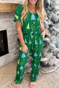 KaleaBoutique Stylish Christmas Tree Print V Neck Tee and Pants Lounge Set - KaleaBoutique.com