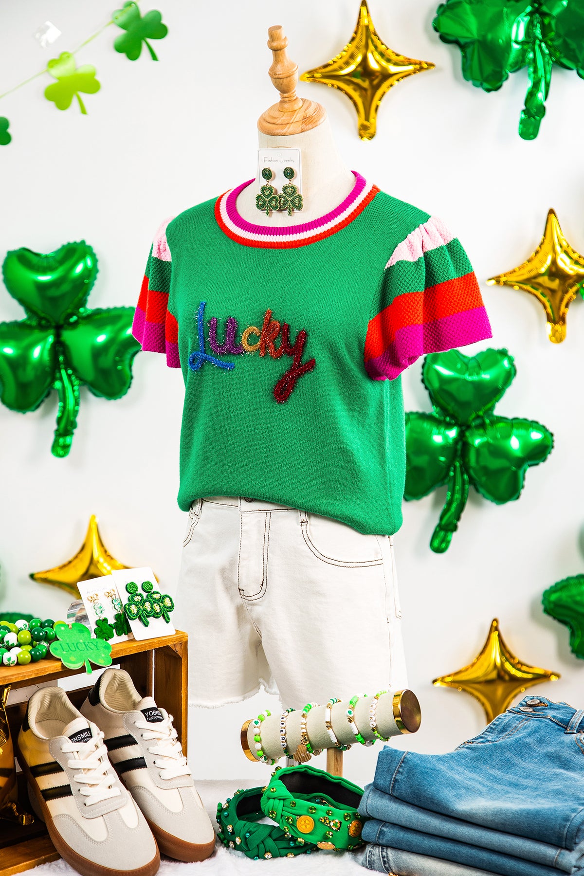 KaleaBoutique Stylish Shiny Lucky Striped Flutter Sleeve Round Neck Sweater - KaleaBoutique.com