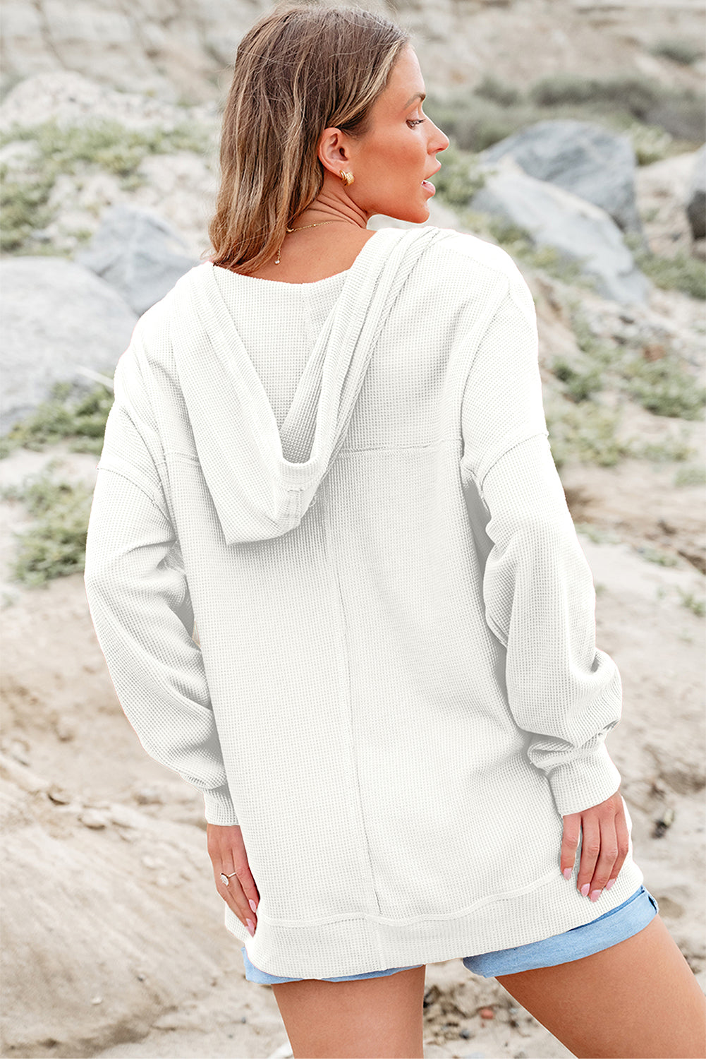 KaleaBoutique Oversize Waffle Drop Shoulder Exposed Seam V Neck Hoodie with Pockets - KaleaBoutique.com