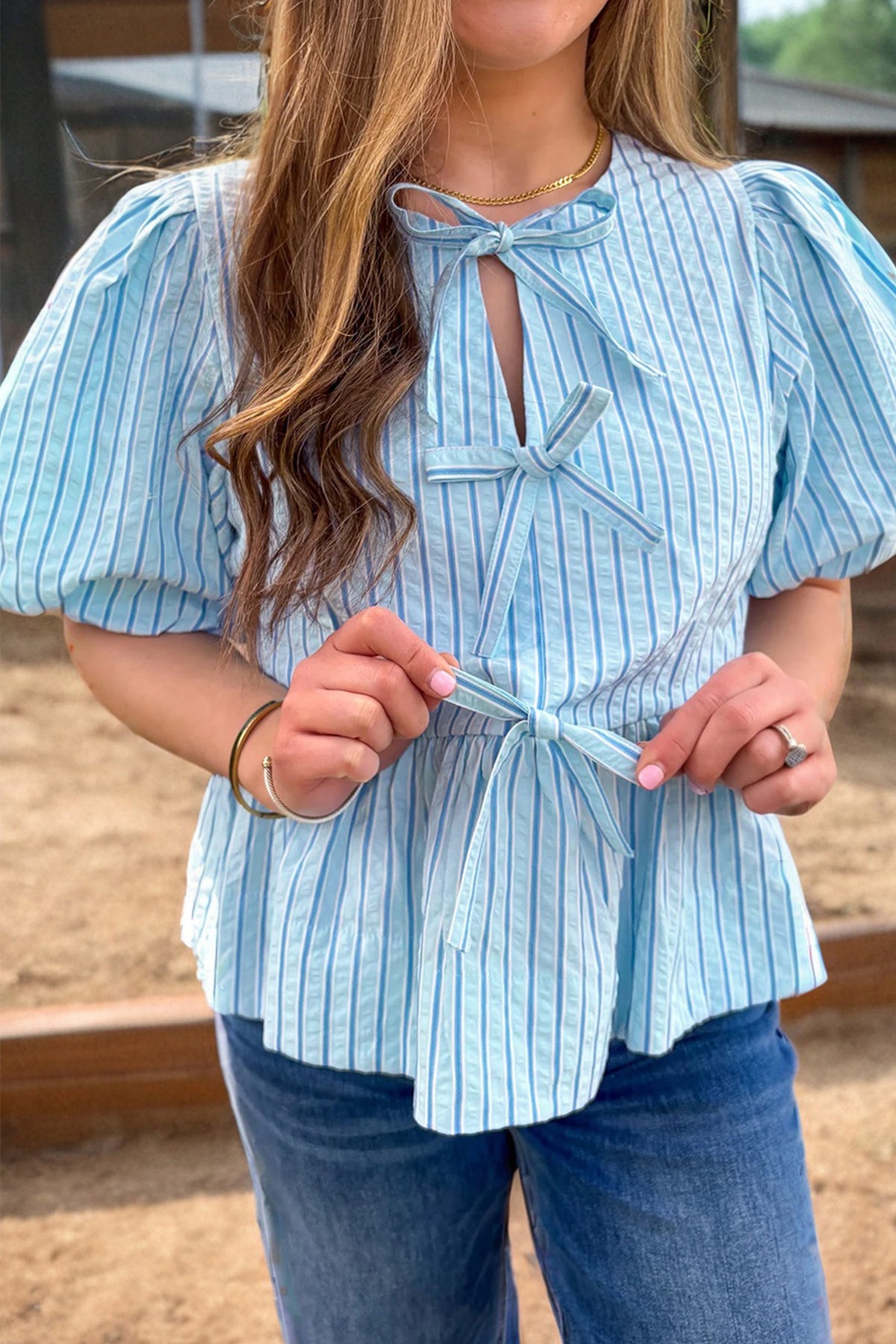 Bow Knot Textured Short Puff Sleeve Babydoll Blouse - KaleaBoutique.com