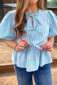 Bow Knot Textured Short Puff Sleeve Babydoll Blouse - KaleaBoutique.com