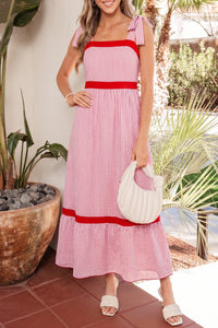 KaleaBoutique Stylish Bow Knot Straps Contrast Trim High Waist Ruffle Hem Maxi Dress - KaleaBoutique.com