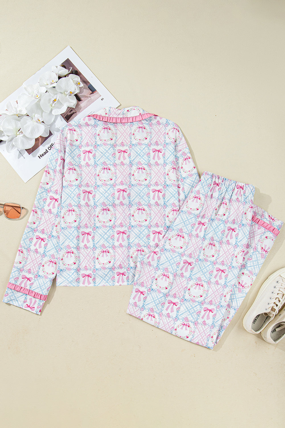 KaleaBoutique Stylish Bow Wreath Pattern Christmas Holiday Tied Front Long Sleeve 2pcs Pajama Set - KaleaBoutique.com