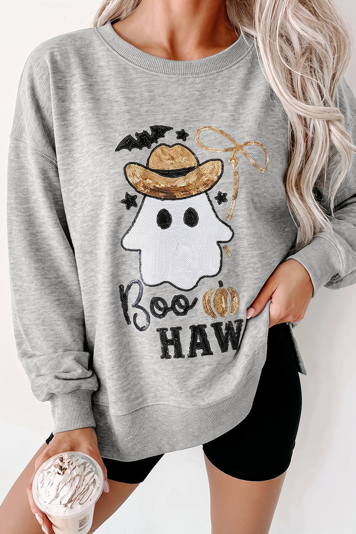 KaleaBoutique Stylish Sequin Western Ghost Print Long Sleeve Round Neck Sweatshirt - KaleaBoutique.com